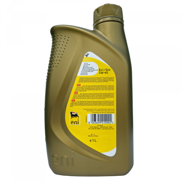 Моторное масло Eni i-Sint 5W-40 1л синтетическое, задняя сторона канистры