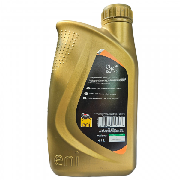 Моторное масло Eni i-Ride moto 10W-40 полусинтетическое, канистра 1 литр, вид сзади