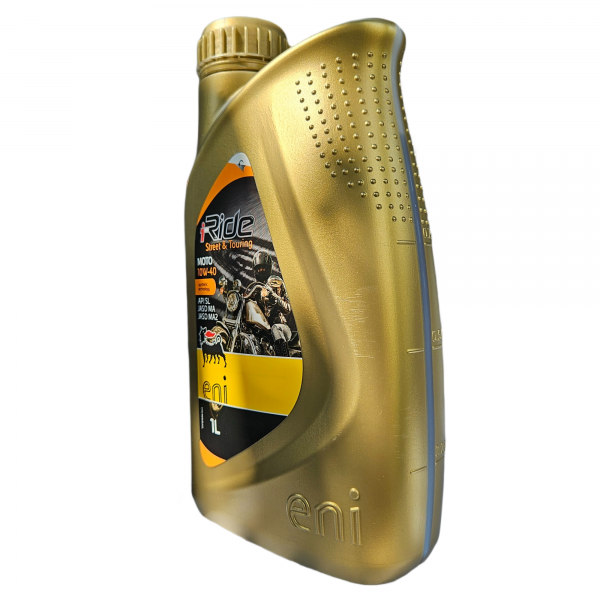 Моторное масло Eni i-Ride moto 10W-40 полусинтетическое, канистра 1л, боковой вид лицевой стороны