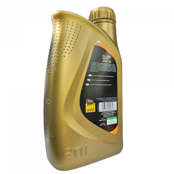 Моторное масло Eni i-Ride moto 20W-50, канистра 1 литр, вид сбоку задней части канистры