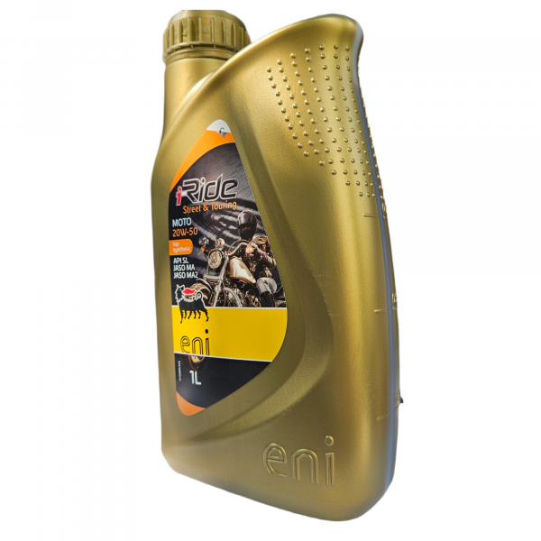 Моторное масло Eni i-Ride moto 20W-50, канистра 1 литр, вид сбоку передней части канистры
