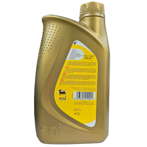 Моторное масло Eni i-Sint 5W-40 синтетическое, 1 литр, задняя сторона канистры
