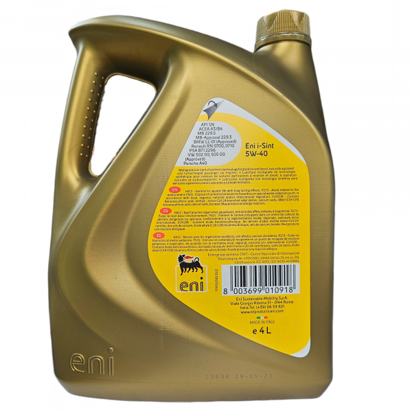 Моторное масло Eni i-Sint 5W-40 синтетическое, 4 литра, задняя сторона